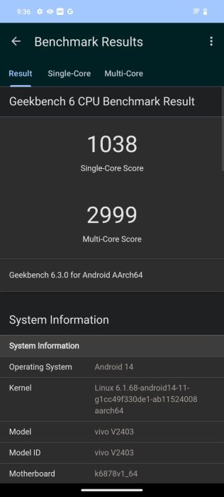 Screenshot of the Geekbench test result for the vivo V40e