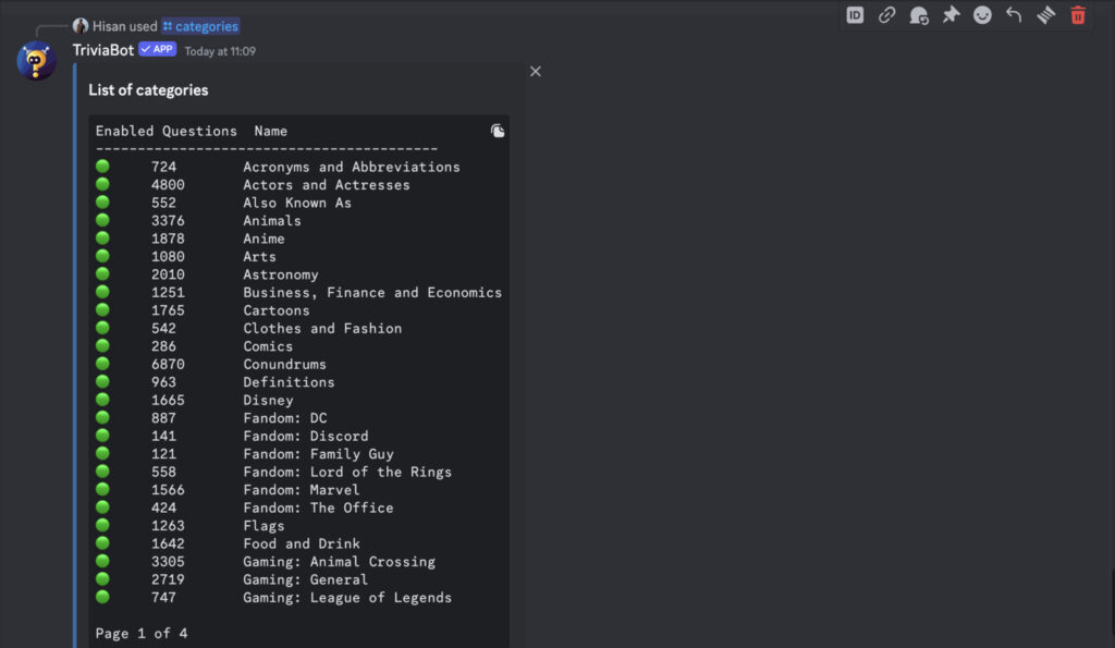 Screenshot of the categories section in the Triviabot