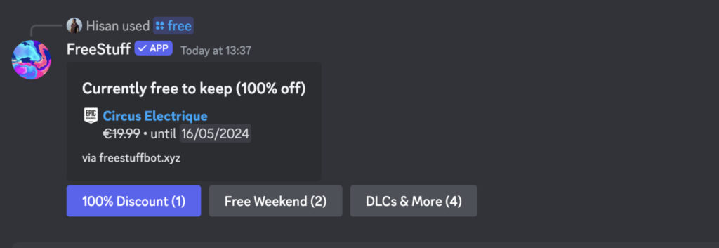 Screenshot of the FreeStuff Discord bot