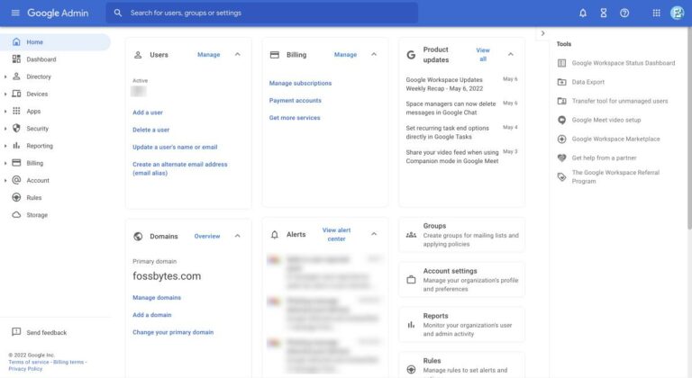 Google admin console homepage