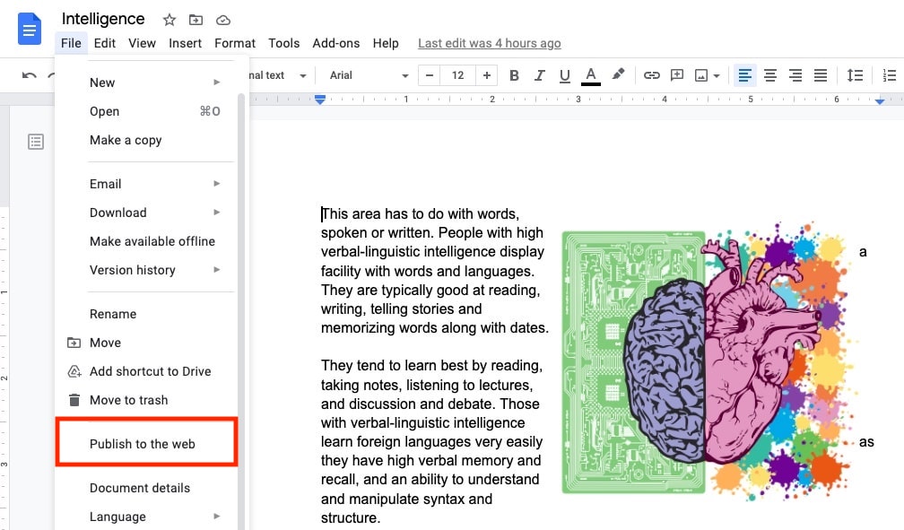 GOogle doc publish to the web