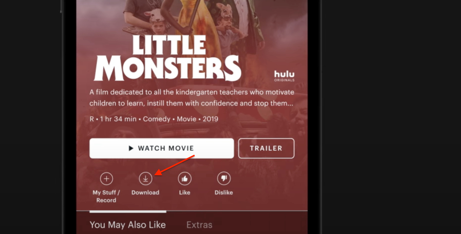 Screenshot of the Download button in the Hulu app