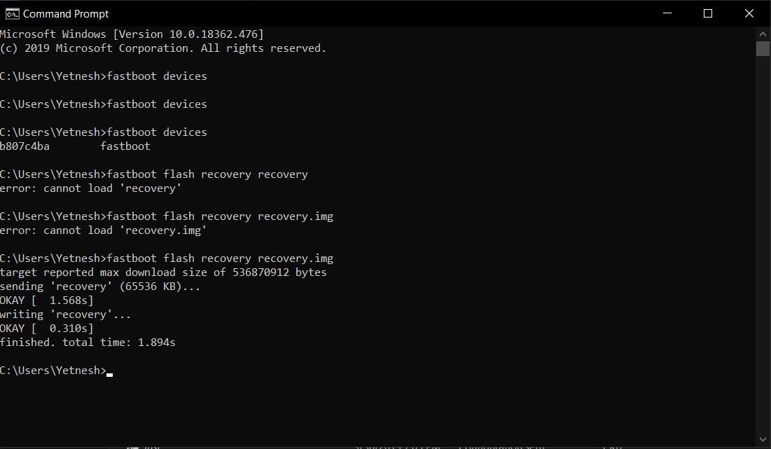 Installing custom Recovery using Fastboot