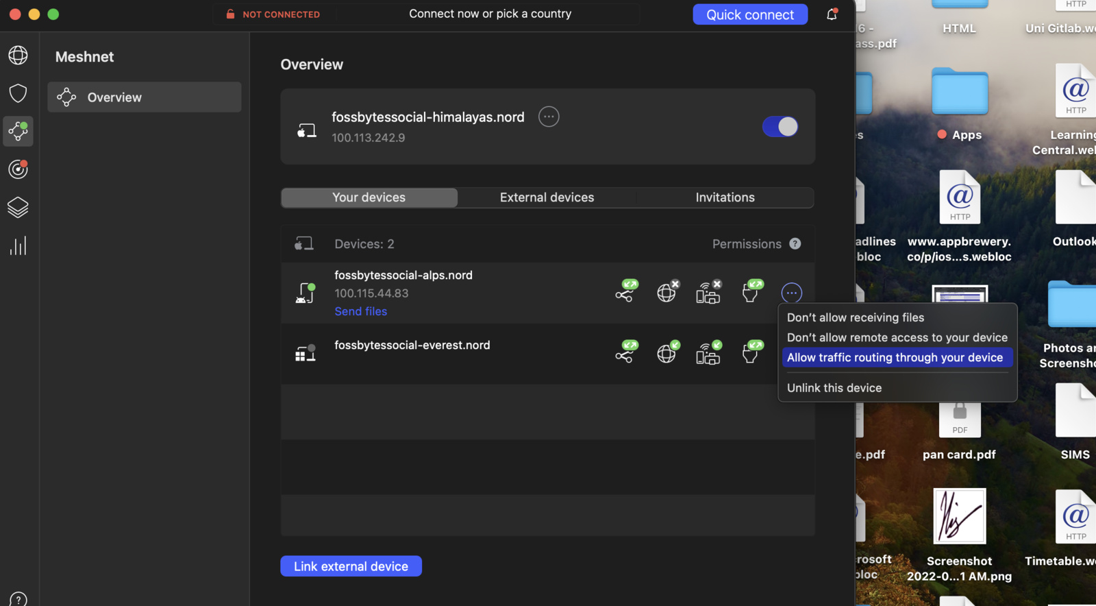 Screenshot of the Meshnet section to bypass the home location restriction in Netflix 2