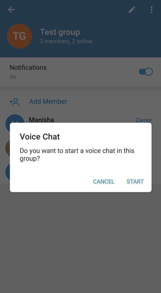 start group call telegram popup