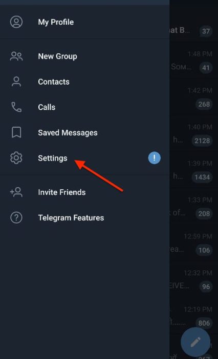 Screenshot of the Settings button in Telegram settings