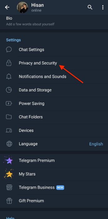 Screenshot of the Privacy and Security section in Telegram to delete acount