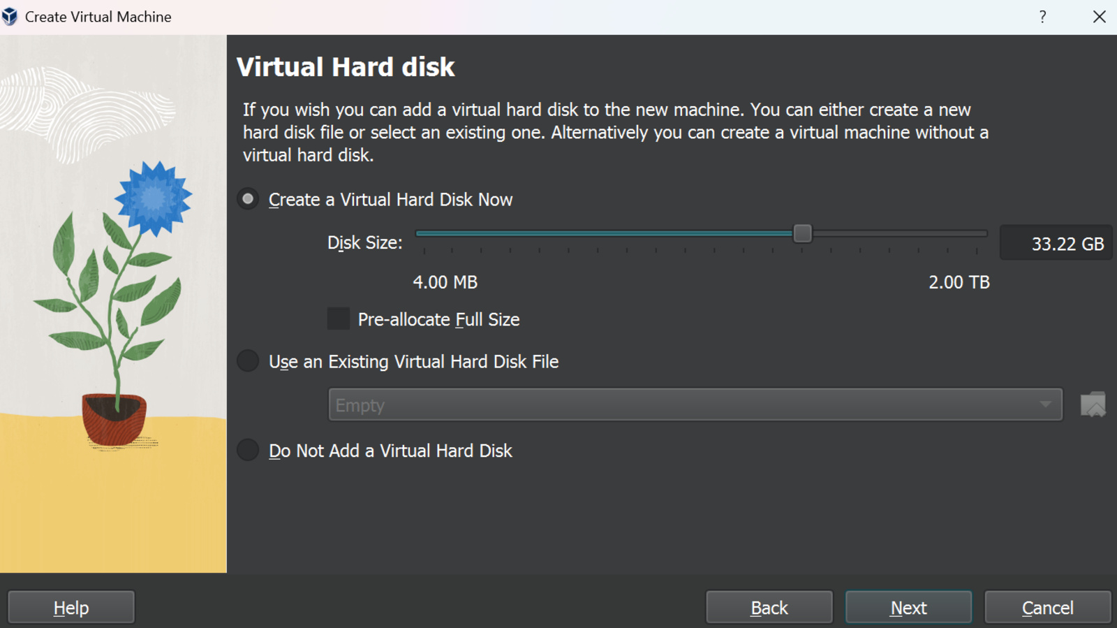 Image of the Hardware allocation setting in VirtualBox