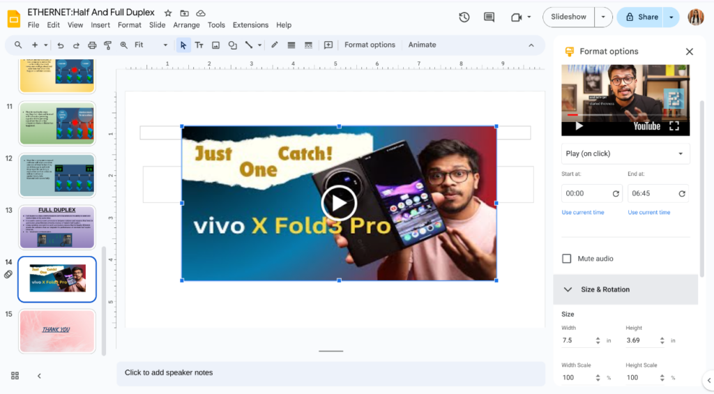 image for adjust the video’s size from the right side to put YouTube in Google Slides