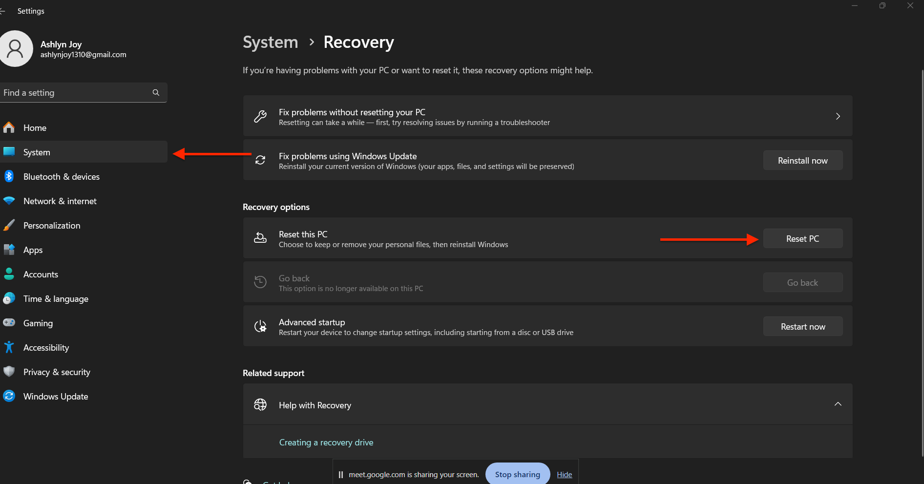 Image of the Reset PC settings in HP laptop