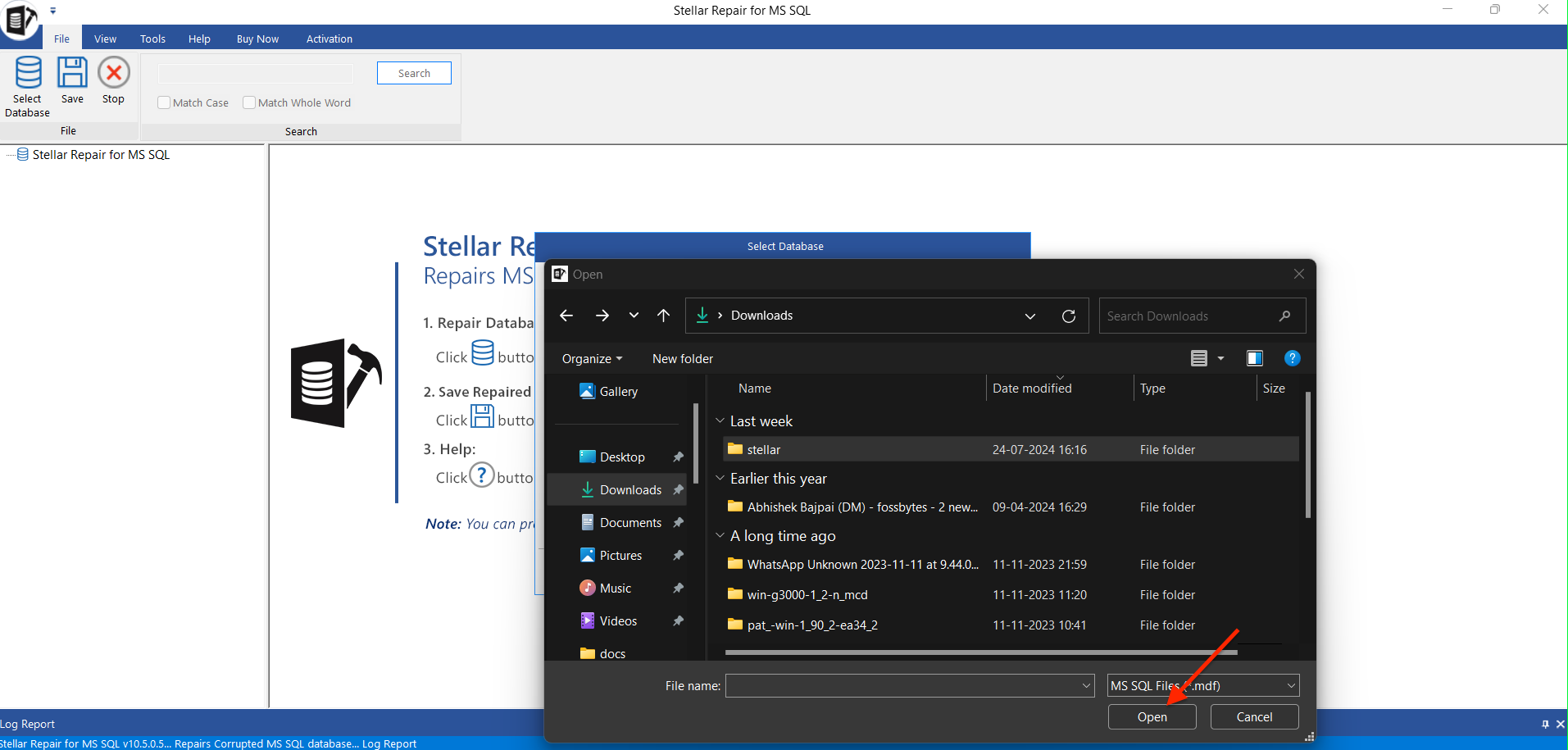Screenshot of the Open button in the Stellar repair for MS SQL app to repair corrupt databases